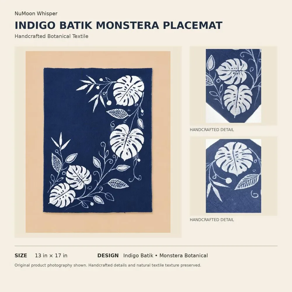 Handmade Indigo Batik Monstera Placemats, Botanical Table Mats, Kitchen Dining